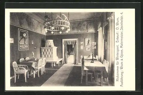 AK München, Ausstellung bemalter Wohnräume 1910, Klubzimmer füt Wintersport, Ausführung Wium & Gjoen, Steinheilstr. 4