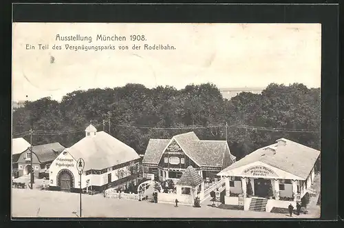 AK München, Ausstellung 1908, Ein Teil des Vergnügungsparks von der Rodelbahn