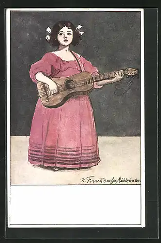 Künstler-AK München, Ausstellung 1910, Junge Frau spielt Gitarre