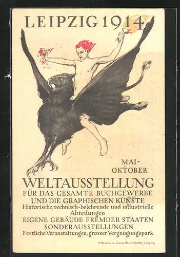 Künstler-AK Leipzig, Weltausstellung des Buchgewerbe u. d. Grafischen Künste 1914, Greifenreiter