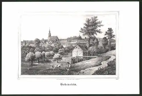 Lithographie Hohenstein, Mühle gegen Kirche, Lithographie um 1835 aus Saxonia