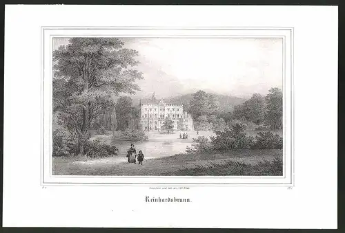Lithographie Reinhardsbrunn, Schloss mit Park, Lithographie um 1835 aus Saxonia