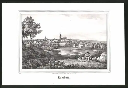 Lithographie Radeburg, Totalansicht mit Kirche, Lithographie um 1835 aus Saxonia