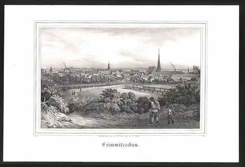Lithographie Crimmitschau, Weg in die Stadt, Lithographie um 1835 aus Saxonia