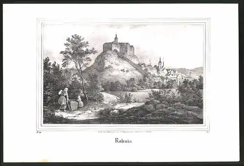 Lithographie Rahnis, Ortspartie mit Schloss, Lithographie um 1835 aus Saxonia