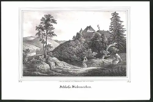 Lithographie Meissen, Schloss Siebeneichen, Lithographie um 1835 aus Saxonia