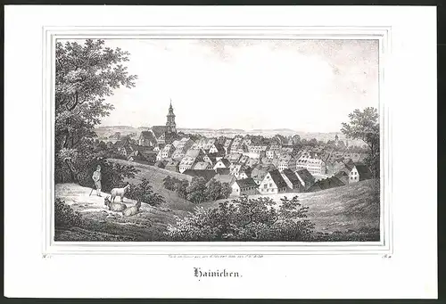 Lithographie Hainichen, Ortsansicht mit Kirche, Lithographie um 1835 aus Saxonia