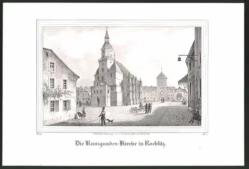 Lithographie Rochlitz, Kunigunden-Kirche, Lithographie um 1835 aus Saxonia