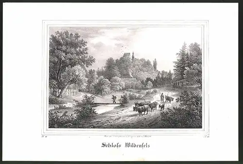 Lithographie Wildenfels, Strassenpartie mit Schloss, Lithographie um 1835 aus Saxonia