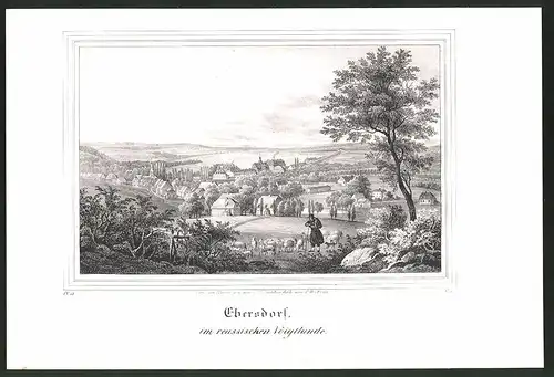 Lithographie Ebersdorf, Totalansicht mit Fernblick, Lithographie um 1835 aus Saxonia
