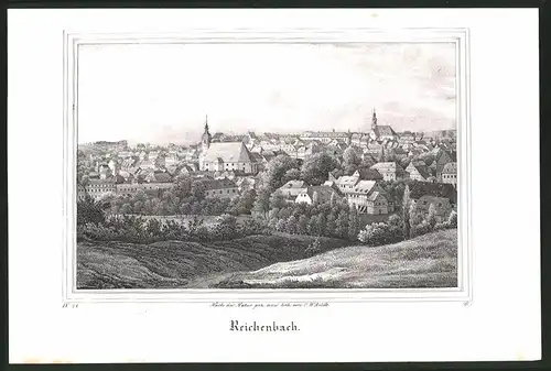 Lithographie Reichenbach, Gesamtansicht mit Kirchen, Lithographie um 1835 aus Saxonia
