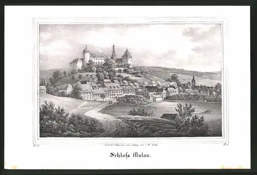 Lithographie Mylau, Ortsansicht mit Schloss, Lithographie um 1835 aus Saxonia