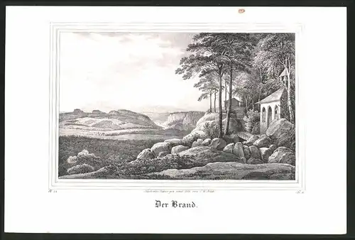 Lithographie Brand, Kapelle gegen Berg, Lithographie um 1835 aus Saxonia