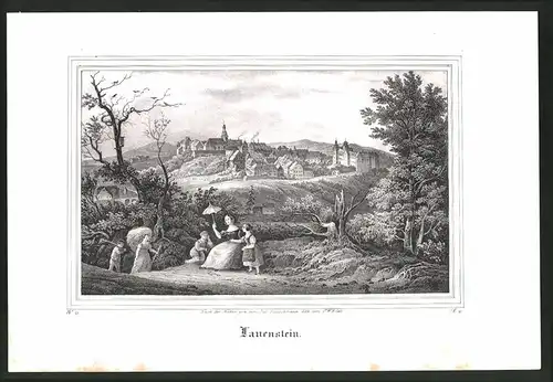 Lithographie Lauenstein, Gesamtansicht mit Schloss, Lithographie um 1835 aus Saxonia