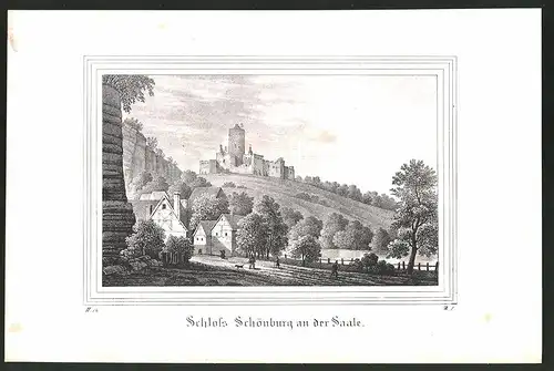 Lithographie Schönburg /Saale, Ortspartie mit Schloss, Lithographie um 1835 aus Saxonia