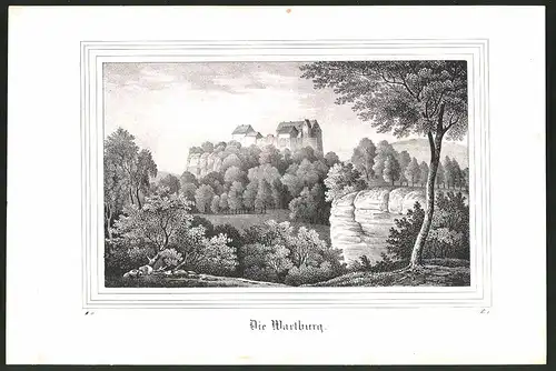 Lithographie Wartburg, Gesamtansicht, Lithographie um 1835 aus Saxonia