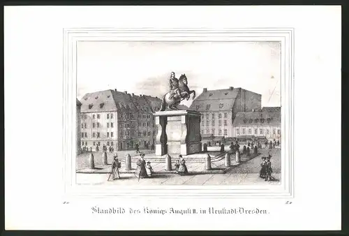 Lithographie Dresden-Neustadt, Standbild des Königs August II., Lithographie um 1835 aus Saxonia