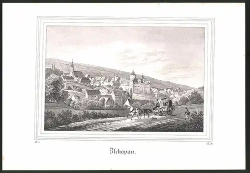 Lithographie Zschopau, Kutsche passiert Stadt, Lithographie um 1835 aus Saxonia