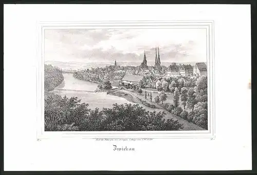 Lithographie Zwickau, Flusspartie mit Ortskern, Lithographie um 1835 aus Saxonia
