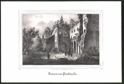 Lithographie Paulinzella, Ruinen, Lithographie um 1835 aus Saxonia