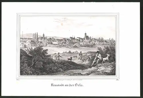 Lithographie Neustadt /Orla, Gesamtansicht mit Kirche, Lithographie um 1835 aus Saxonia