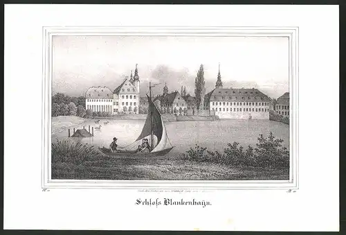 Lithographie Crimmitschau, Schloss Blankenhayn mit Teich, Lithographie um 1835 aus Saxonia