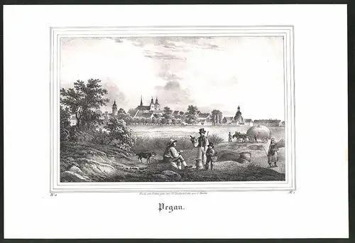 Lithographie Pegau, Gesamtansicht mit Kirchen, Lithographie um 1835 aus Saxonia
