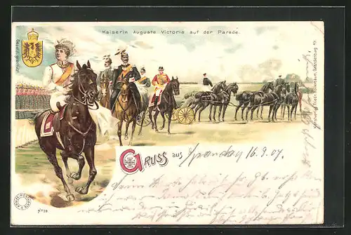 Lithographie Kaiserin Auguste Victoria Königin von Preussen auf der Parade