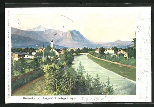 AK Garmisch i. bayer. Hochgebirge, Teilansicht mit Brücke