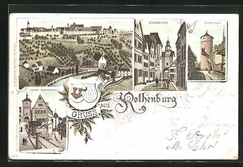 Lithographie Rothenburg o.T., Untere Schmiedgasse, Röderbogen, Strafturm