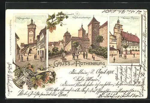 Lithographie Rothenburg o.T., Klingentor, Kobolzellertor, Weisser Turm, Wein