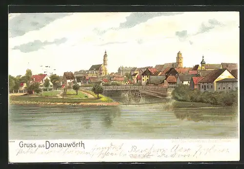 Lithographie Donauwörth, Ortsansicht mit Brücke
