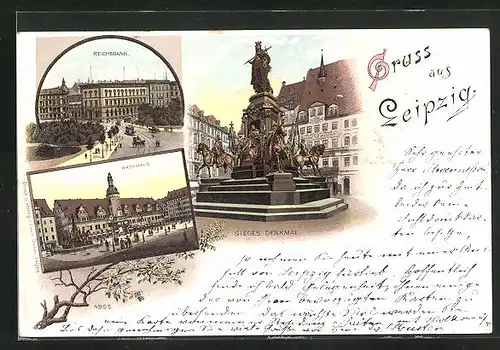 Lithographie Leipzig, Sieges-Denkmal, Reichsbank, Rathaus