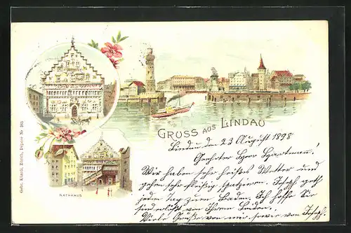 Lithographie Lindau /Bodensee, Rathaus, Hafen