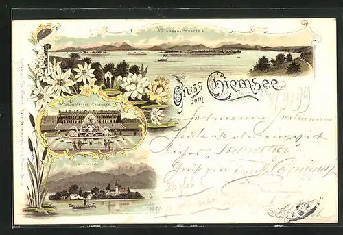 Lithographie Chiemsee, Fraueninsel, Schloss Herrenchiemsee