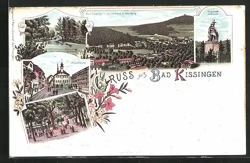 Lithographie Bad Kissingen, Kurgarten, Marktplatz, Trauernde Germania