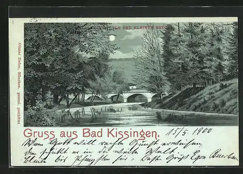 Mondschein-Lithographie Bad Kissingen, Partie an der kleinen Brücke