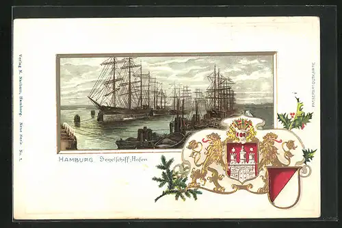 Passepartout-Lithographie Hamburg, Segelschiff-Hafen, Wappen