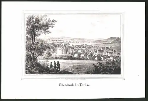 Lithographie Löbau, Gesamtansicht mit Kirche, Lithographie um 1835 aus Saxonia, 28 x 19cm