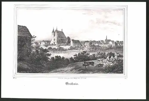 Lithographie Geithain, Ortspartie mit Kirche, Lithographie um 1835 aus Saxonia, 28 x 19cm
