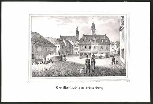 Lithographie Schneeberg, Soldaten auf dem Marktplatz, Lithographie um 1835 aus Saxonia, 28 x 19cm