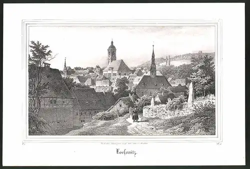 Lithographie Lössnitz, Ortspartie mit Kirchtürmen, Lithographie um 1835 aus Saxonia, 28 x 19cm