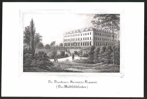 Lithographie Dresden, Dresdener-Societaets-Brauerei (Das Waldschlösschen), Lithographie um 1835 aus Saxonia, 28 x 19cm