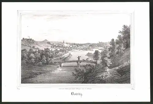 Lithographie Ostritz, Flusspartie mit Ortskern, Lithographie um 1835 aus Saxonia, 28 x 19cm