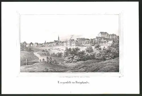 Lithographie Lengenfeld /Voigtland, Panorama mii Kirche, Lithographie um 1835 aus Saxonia, 28 x 19cm