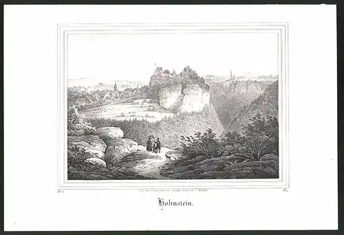 Lithographie Hohnstein, Ortspartie mit Burganlage, Lithographie um 1835 aus Saxonia, 28 x 19cm
