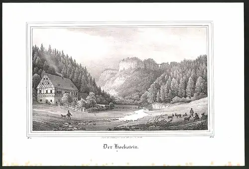 Lithographie Hohnstein, Fachwerkhaus am Hockstein, Lithographie um 1835 aus Saxonia, 28 x 19cm