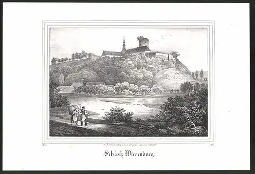Lithographie Wiesenburg, Teichpartie mit Schloss, Lithographie um 1835 aus Saxonia, 28 x 19cm