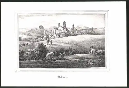 Lithographie Oelsnitz, Ackerfelder vor der Stadt, Lithographie um 1835 aus Saxonia, 28 x 19cm