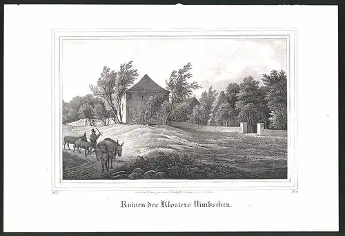 Lithographie Nimbschen, Ruinen des Klosters, Lithographie um 1835 aus Saxonia, 28 x 19cm
